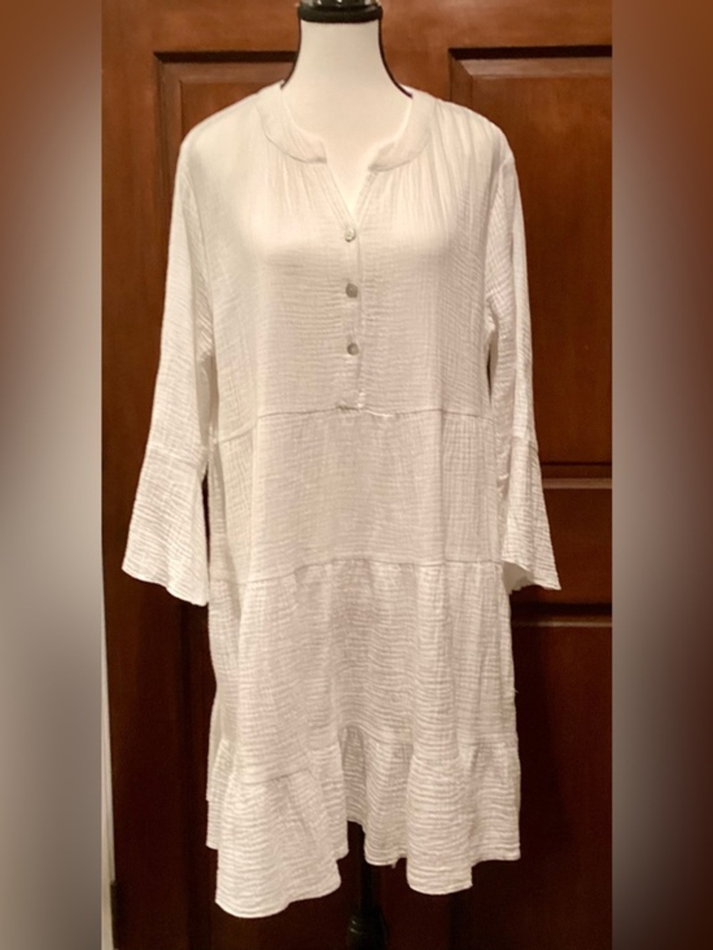 Kaktus White Cotton Gauze Tiered Babydoll Boho Dress Bell Sleeve Cottage  Medium